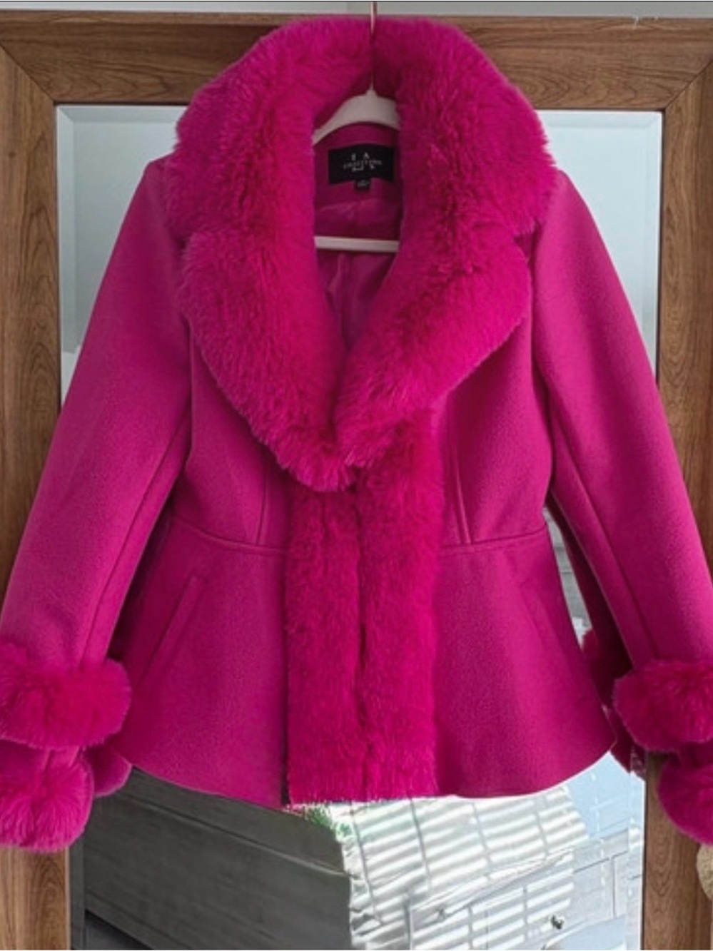 Lafayette 148 New York Hot Pink Faux-Fur Trim Pea Coat